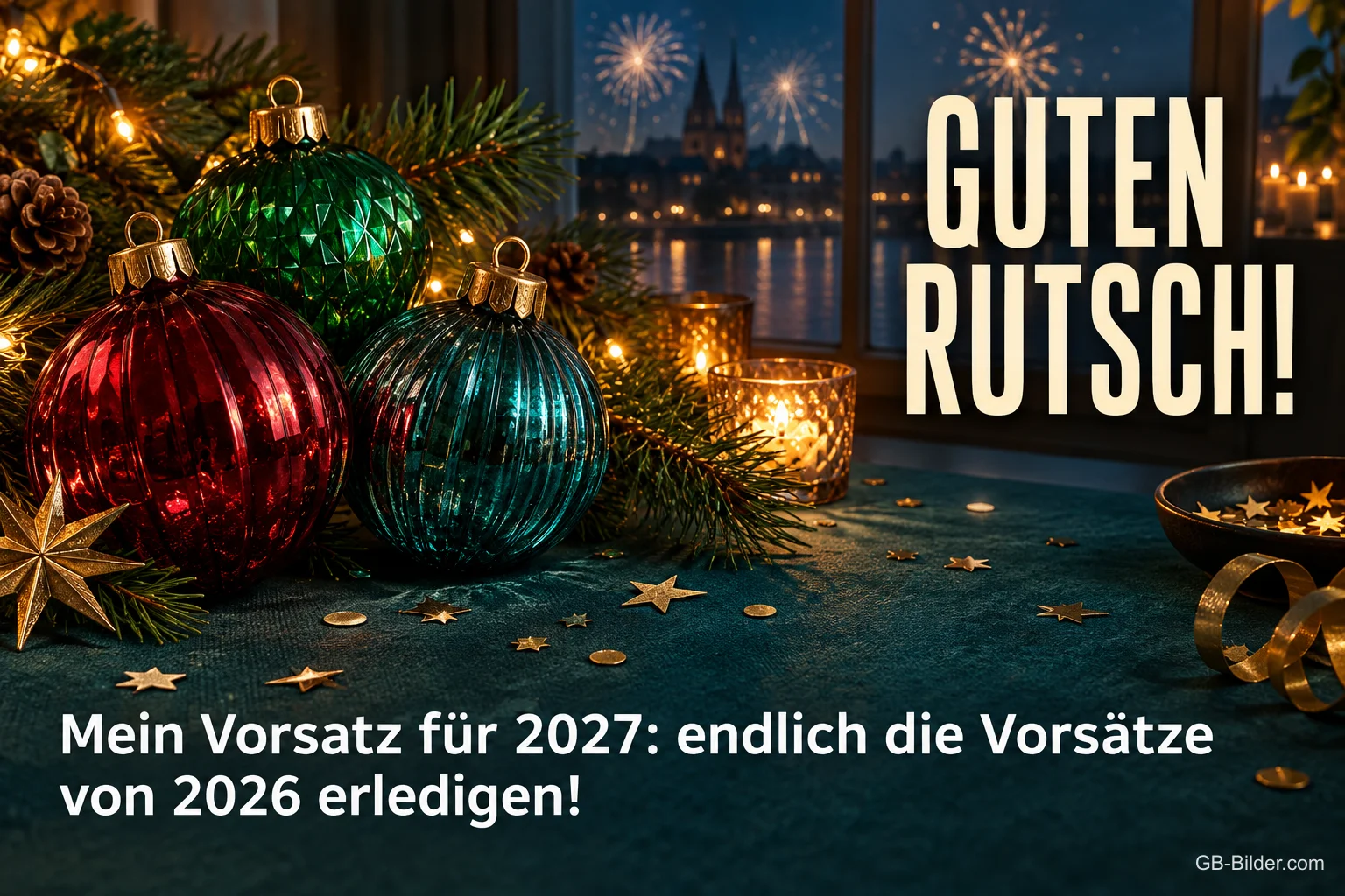Weihnachtskugeln und Kerzen vor Feuerwerk über der Stadt, Text: GUTEN RUTSCH! – Mein Vorsatz für 2027: endlich die Vorsätze von 2026 erledigen!