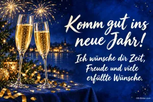 Zwei Sektgläser vor Feuerwerk über einer Stadt, Text: Komm gut ins neue Jahr! – Ich wünsche dir Zeit, Freude und viele erfüllte Wünsche.