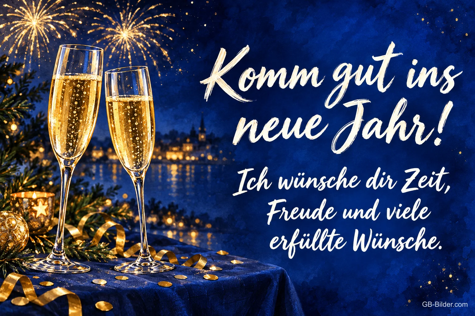 Zwei Sektgläser vor Feuerwerk über einer Stadt, Text: Komm gut ins neue Jahr! – Ich wünsche dir Zeit, Freude und viele erfüllte Wünsche.