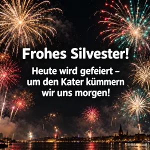 Feuerwerk über einer Stadt am Fluss, Text: Frohes Silvester! – Heute wird gefeiert – um den Kater kümmern wir uns morgen!