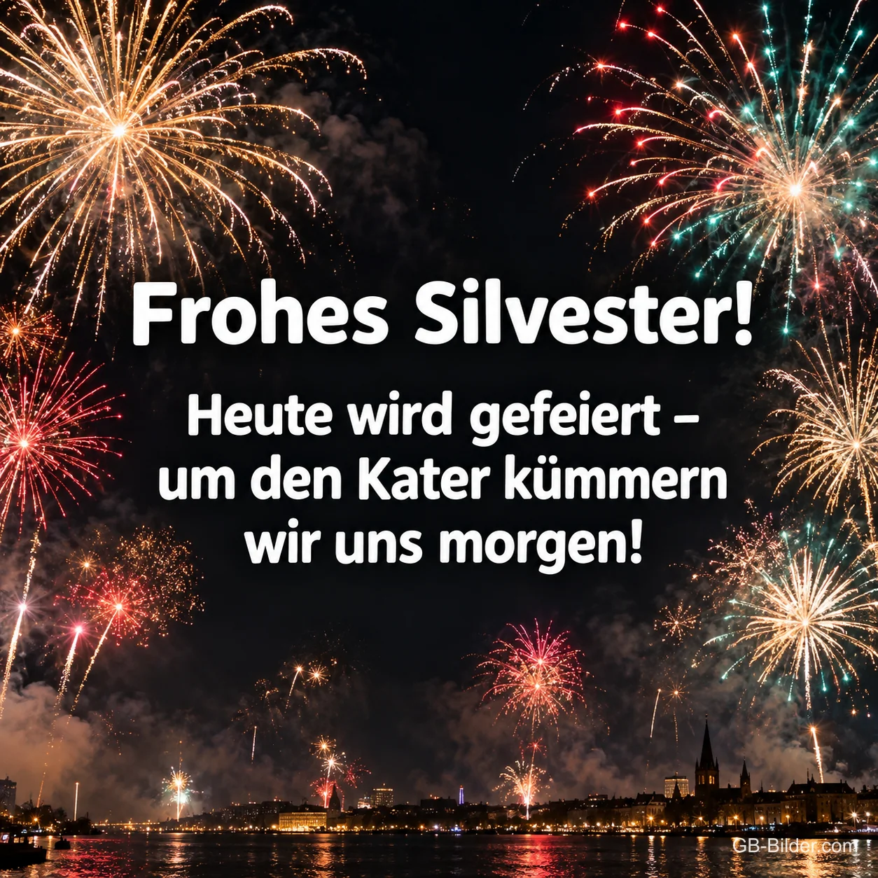 Feuerwerk über einer Stadt am Fluss, Text: Frohes Silvester! – Heute wird gefeiert – um den Kater kümmern wir uns morgen!