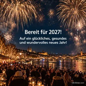 Feuerwerk über Fluss und Stadt, Menschen feiern am Ufer, Text: Bereit für 2027! – Auf ein glückliches, gesundes und wundervolles neues Jahr!
