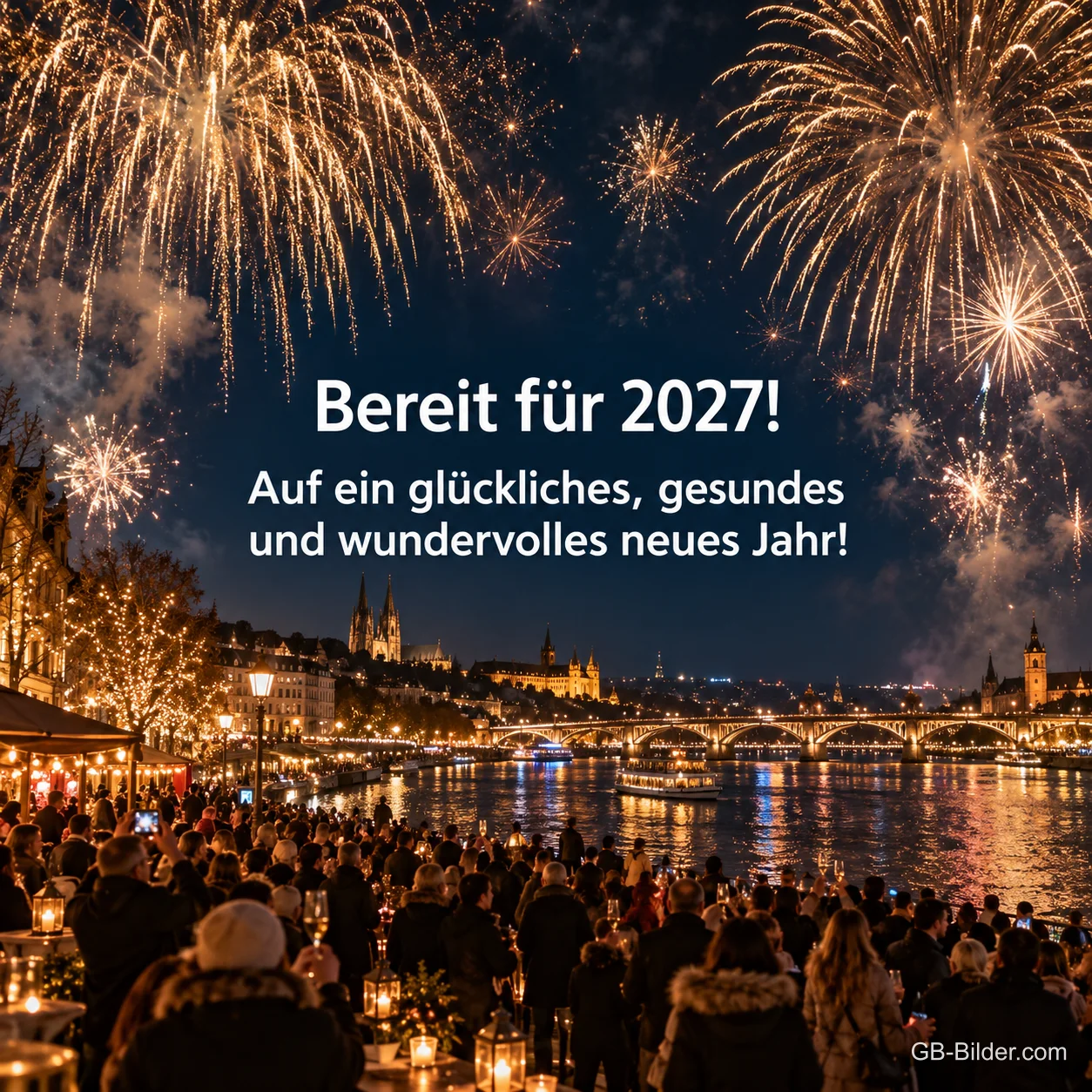 Feuerwerk über Fluss und Stadt, Menschen feiern am Ufer, Text: Bereit für 2027! – Auf ein glückliches, gesundes und wundervolles neues Jahr!