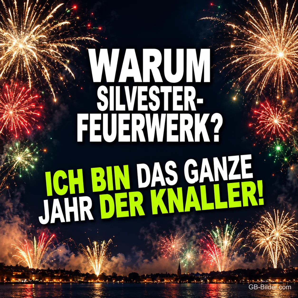 Buntes Feuerwerk über einer Stadt am Wasser, Text: WARUM SILVESTER-FEUERWERK? – ICH BIN DAS GANZE JAHR DER KNALLER!