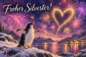 Pinguin vor einem Herz aus Feuerwerk über dem See, Text: Frohes Silvester!
