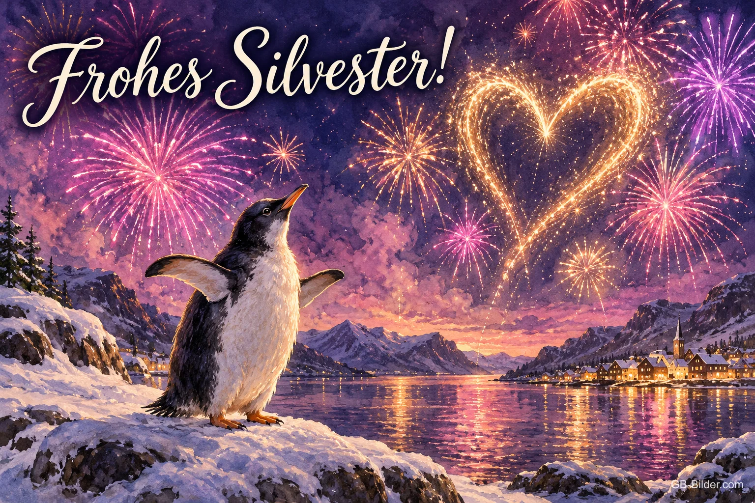 Pinguin vor einem Herz aus Feuerwerk über dem See, Text: Frohes Silvester!