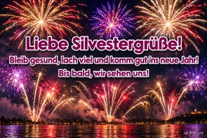 Buntes Feuerwerk über einem See, Text: Liebe Silvestergrüße! – Bleib gesund, lach viel und komm gut ins neue Jahr! Bis bald, wir sehen uns!