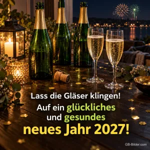 Sektflaschen und Gläser vor Feuerwerk über dem Wasser, Text: Lass die Gläser klingen! – Auf ein glückliches und gesundes neues Jahr 2027!
