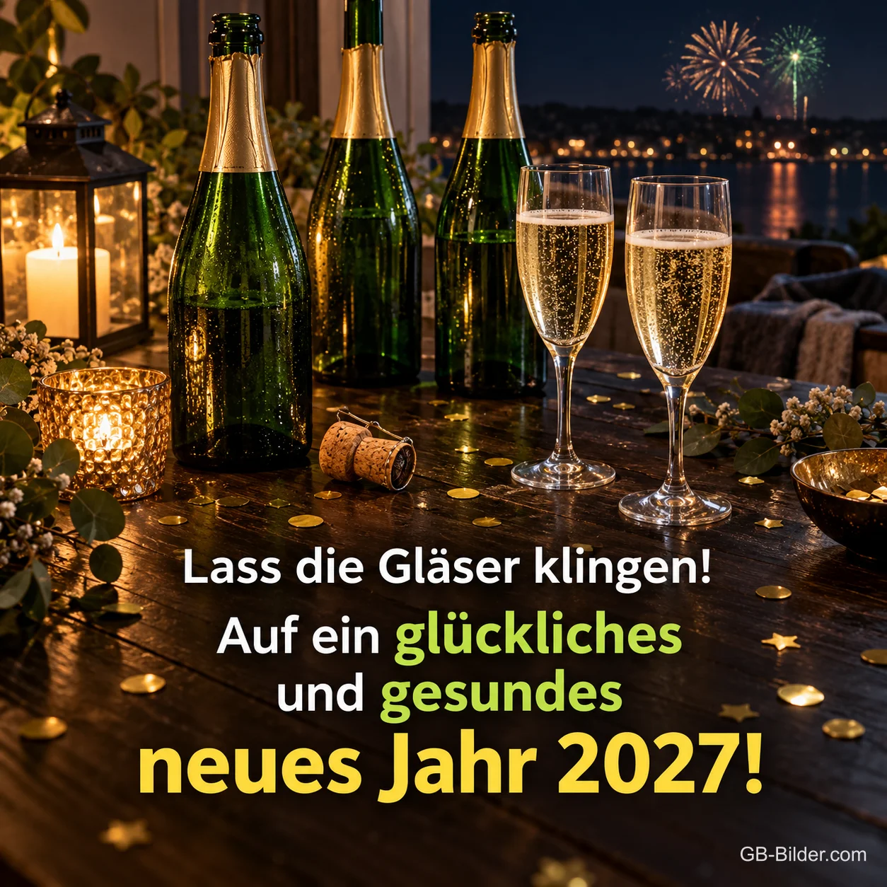Sektflaschen und Gläser vor Feuerwerk über dem Wasser, Text: Lass die Gläser klingen! – Auf ein glückliches und gesundes neues Jahr 2027!