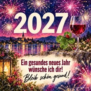 Feuerwerk über einer Stadt am See, Glas Rotwein mit Marienkäfer und Klee, Text: 2027 – Ein gesundes neues Jahr wünsche ich dir! Bleib schön gesund!