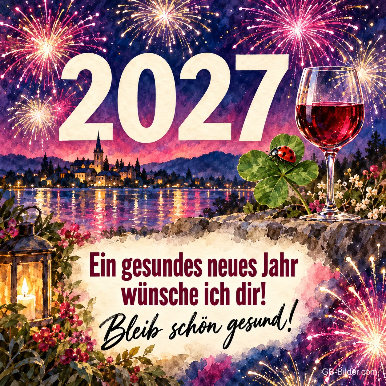 Feuerwerk über einer Stadt am See, Glas Rotwein mit Marienkäfer und Klee, Text: 2027 – Ein gesundes neues Jahr wünsche ich dir! Bleib schön gesund!
