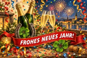 Sektflaschen, Gläser, Hufeisen und Klee vor Feuerwerk, Text: FROHES NEUES JAHR!
