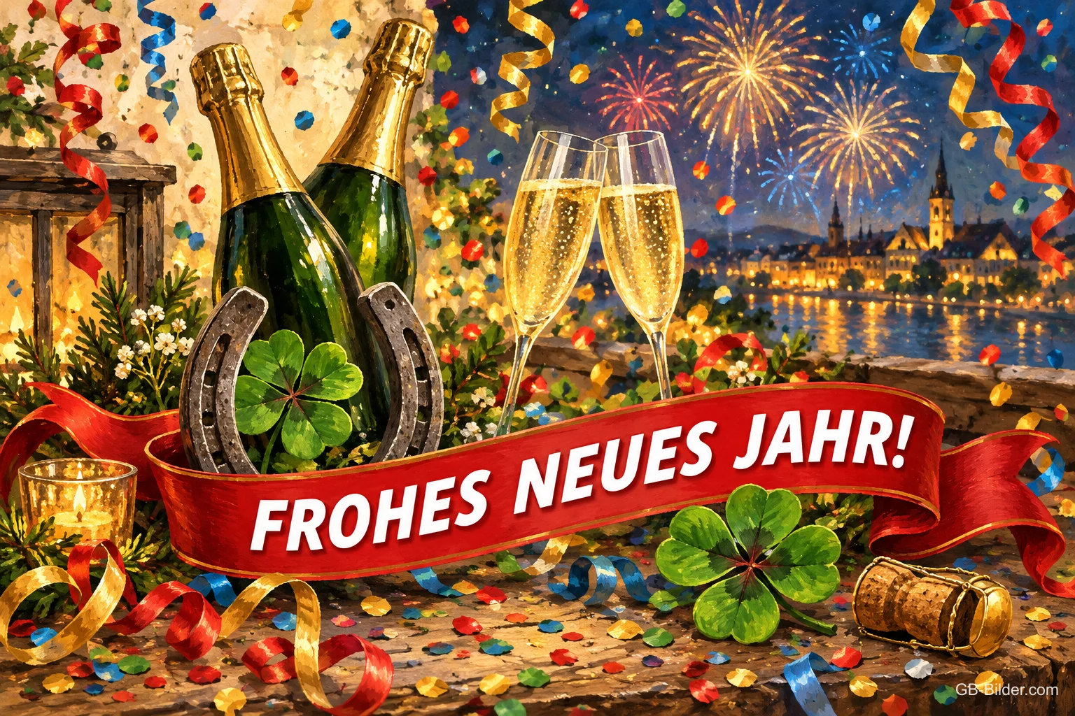 Sektflaschen, Gläser, Hufeisen und Klee vor Feuerwerk, Text: FROHES NEUES JAHR!