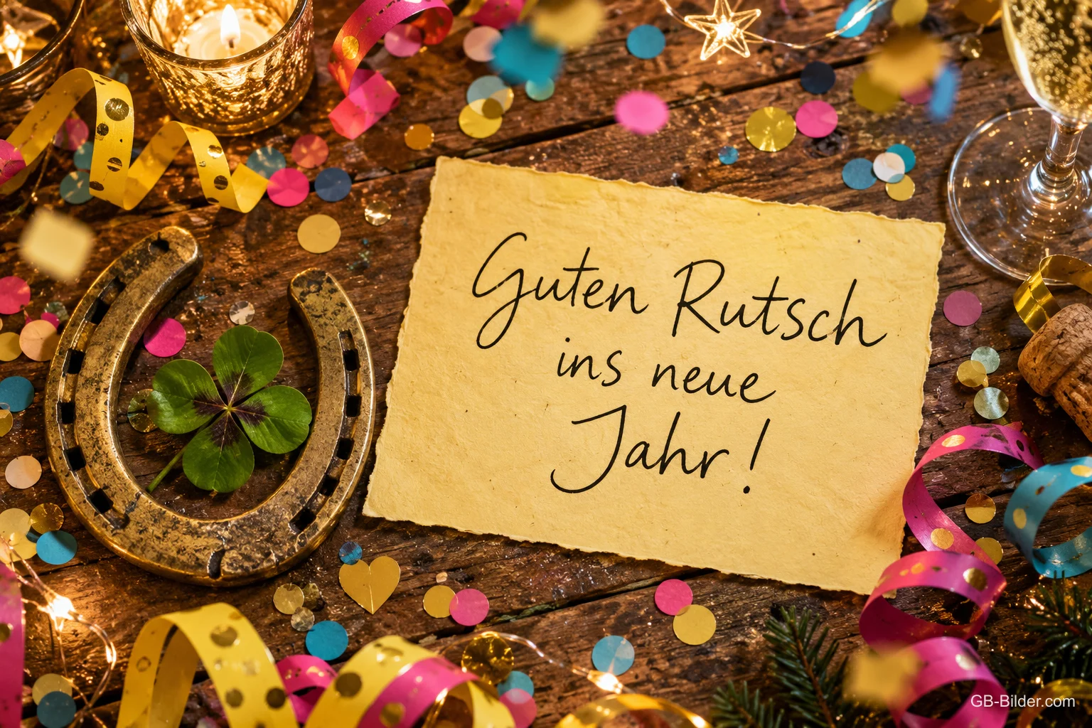 Karte mit Hufeisen, Kleeblatt und Luftschlangen, Text: Guten Rutsch ins neue Jahr!