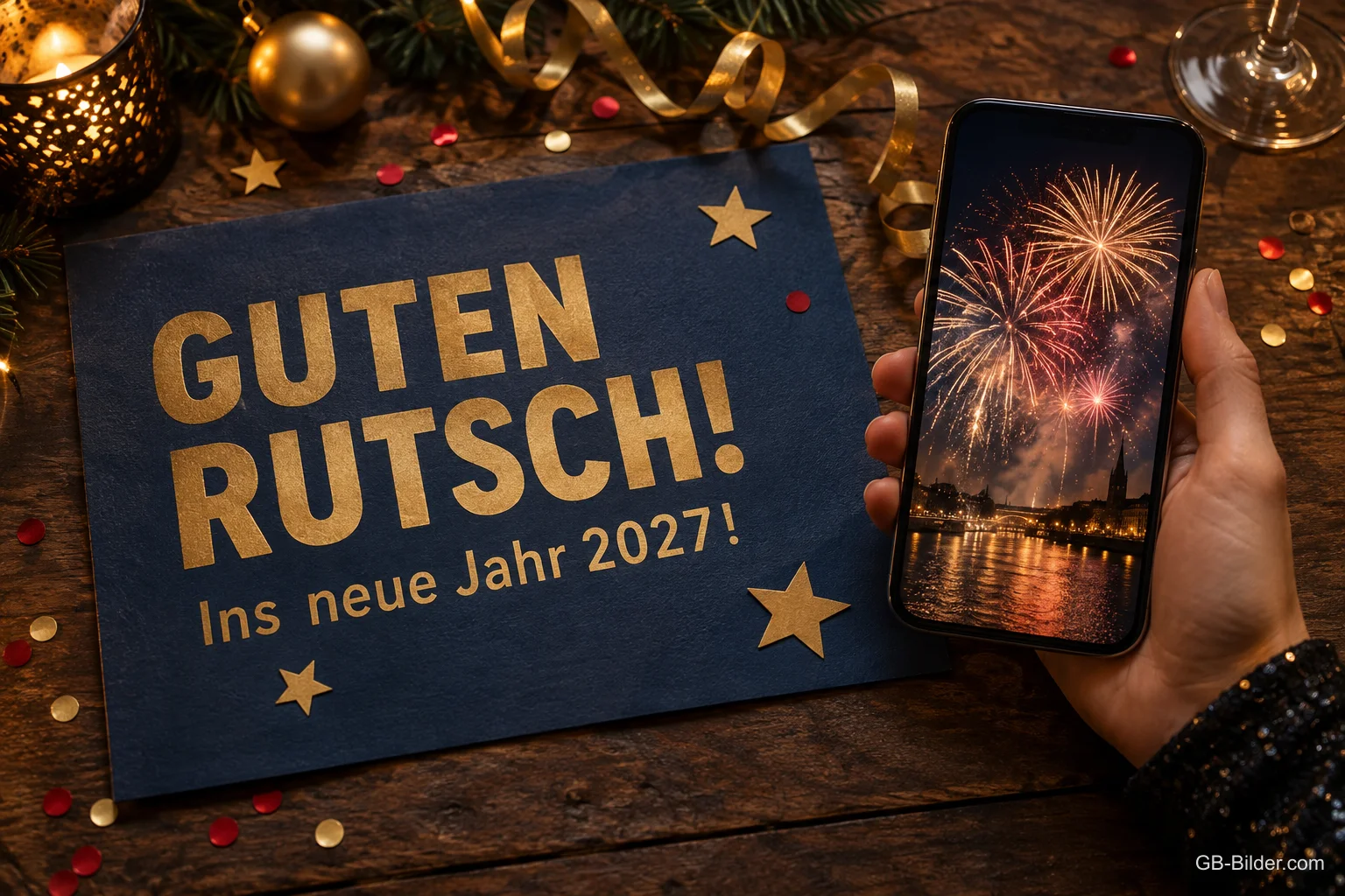 Hand hält Smartphone mit Feuerwerk über einer blauen Karte mit Sternen, Text: Guten Rutsch! – Ins neue Jahr 2027!