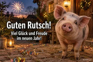 Ferkel steht vor einem Haus mit Feuerwerk am Himmel, Text: Guten Rutsch! – Viel Glück und Freude im neuen Jahr!