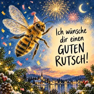 Biene mit Partyhut fliegt durch Konfetti und Feuerwerk, Text: Ich wünsche dir einen – GUTEN RUTSCH!