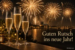 Drei Sektgläser vor Feuerwerk über dem Fluss, Text: Guten Rutsch ins neue Jahr!