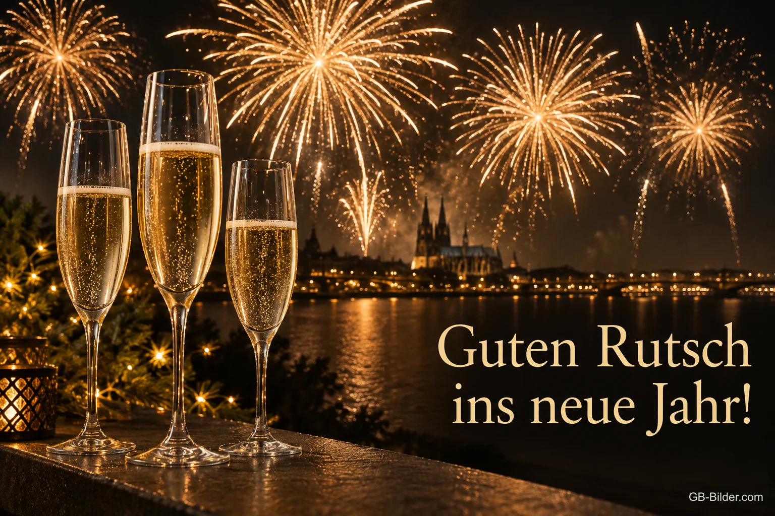 Drei Sektgläser vor Feuerwerk über dem Fluss, Text: Guten Rutsch ins neue Jahr!
