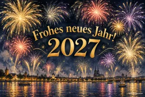 Goldenes Feuerwerk über einer Stadt am Fluss, Text: Frohes neues Jahr! – 2027