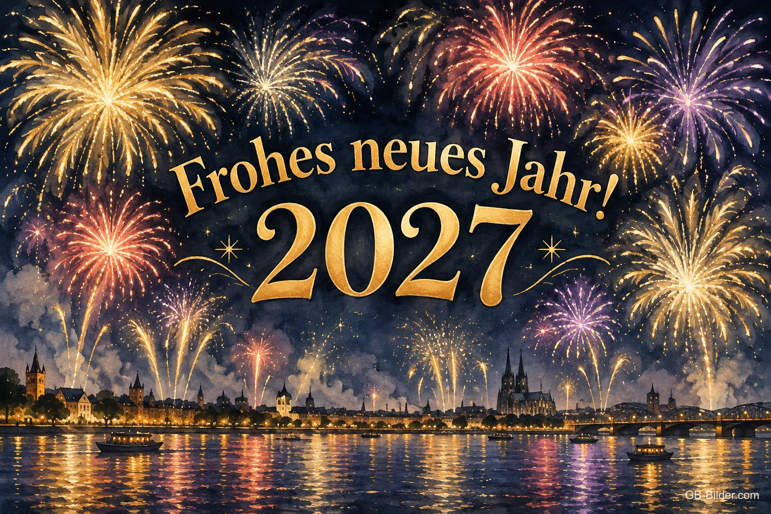 Goldenes Feuerwerk über einer Stadt am Fluss, Text: Frohes neues Jahr! – 2027