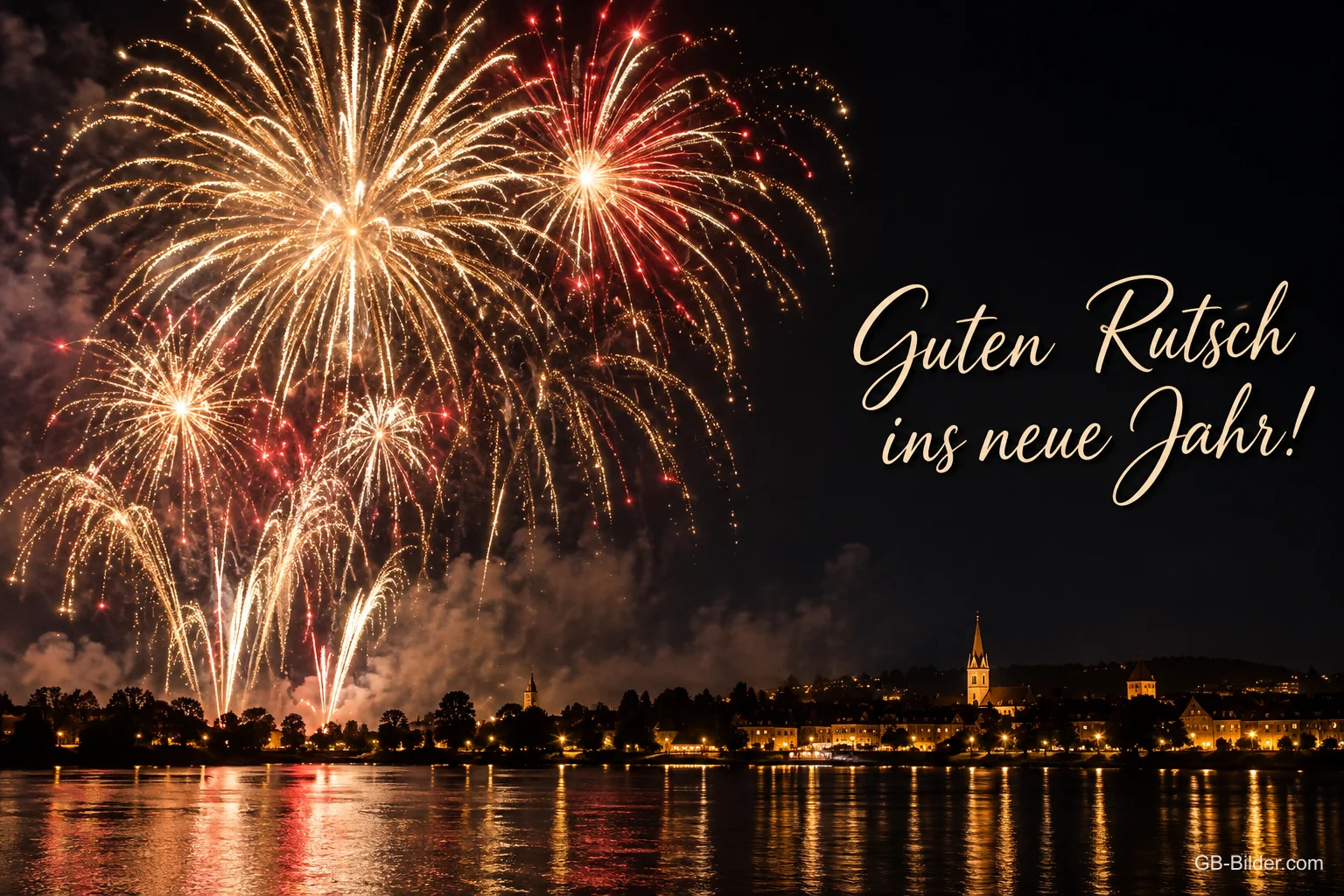 Feuerwerk über einer Stadt am See, Text: Guten Rutsch – ins neue Jahr!