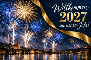 Feuerwerk über einer Stadt am Fluss, goldenes Band, Text: Willkommen 2027 – im neuen Jahr!