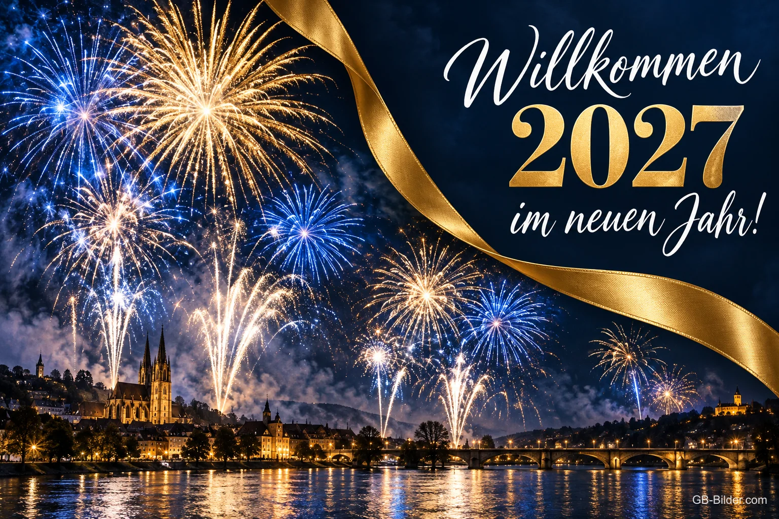 Feuerwerk über einer Stadt am Fluss, goldenes Band, Text: Willkommen 2027 – im neuen Jahr!
