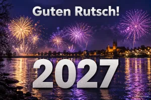 Große Zahl 2027 vor Feuerwerk über dem Fluss, Text: Guten Rutsch! – 2027