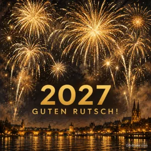 Goldenes Feuerwerk über einer Stadt am Fluss, Text: 2027 – Guten Rutsch!