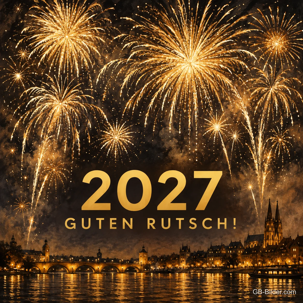 Goldenes Feuerwerk über einer Stadt am Fluss, Text: 2027 – Guten Rutsch! Goldenes Feuerwerk über einer Stadt am Fluss, Text: 2027 – Guten Rutsch!