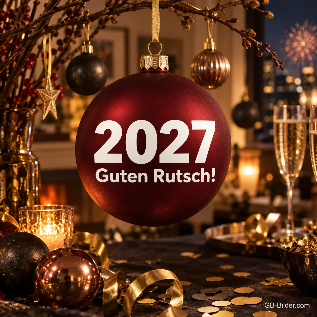 Rote Kugel mit Jahreszahl vor Sektgläsern und Feuerwerk, Text: 2027 – Guten Rutsch! Rote Kugel mit Jahreszahl vor Sektgläsern und Feuerwerk, Text: 2027 – Guten Rutsch!