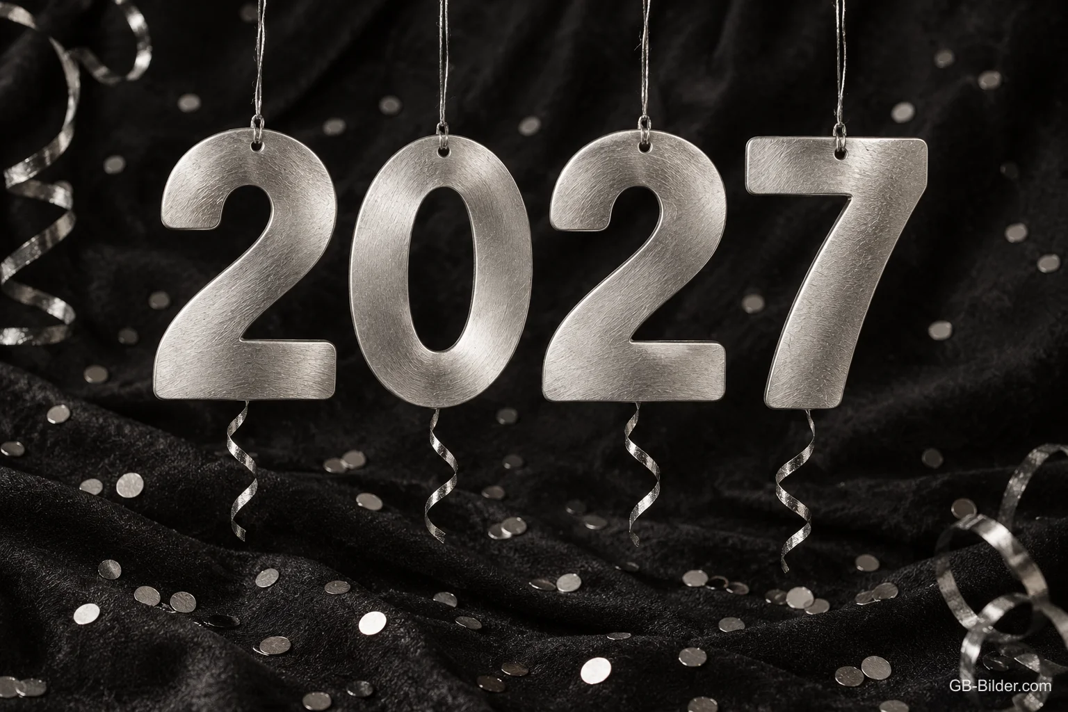 Silberne Ballonzahlen 2027 vor schwarzem Glitzerhintergrund, Text: 2027 Silberne Ballonzahlen 2027 vor schwarzem Glitzerhintergrund, Text: 2027