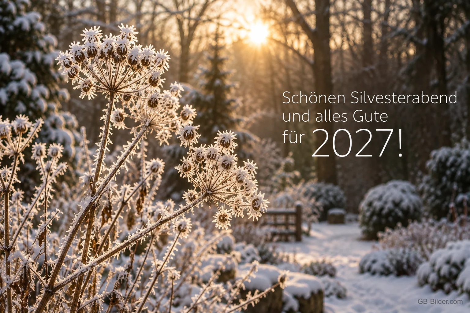 Gräser mit Raureif in einem verschneiten Wald bei Sonnenuntergang, Text: Schönen Silvesterabend – und alles Gute für 2027! Gräser mit Raureif in einem verschneiten Wald bei Sonnenuntergang, Text: Schönen Silvesterabend – und alles Gute für 2027!
