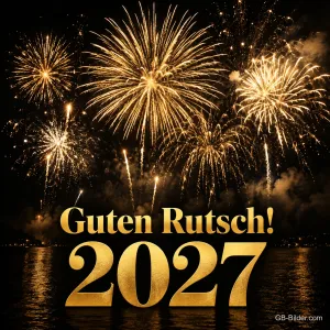 Goldenes Feuerwerk über dem Wasser mit Jahreszahl, Text: Guten Rutsch! – 2027