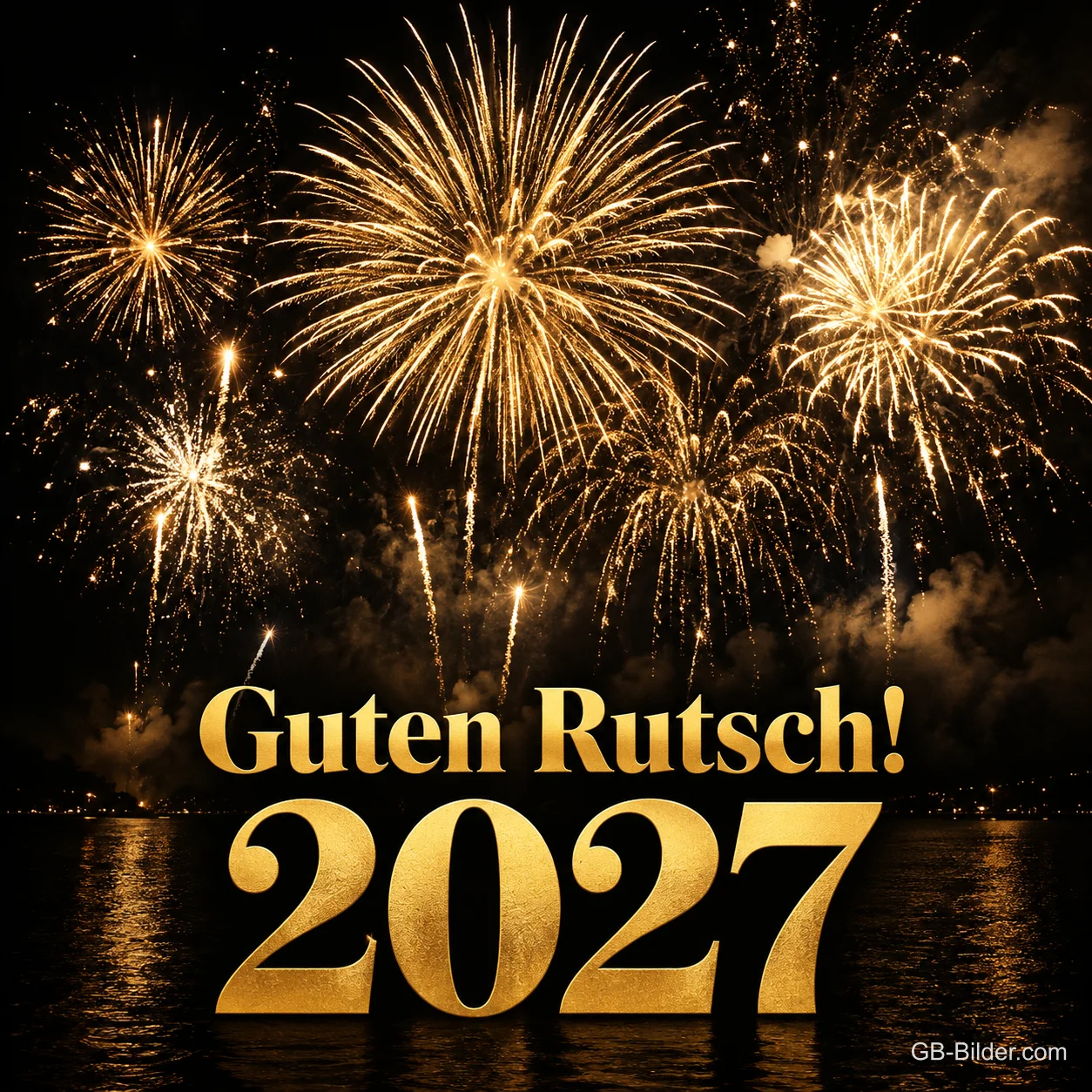 Goldenes Feuerwerk über dem Wasser mit Jahreszahl, Text: Guten Rutsch! – 2027 Goldenes Feuerwerk über dem Wasser mit Jahreszahl, Text: Guten Rutsch! – 2027