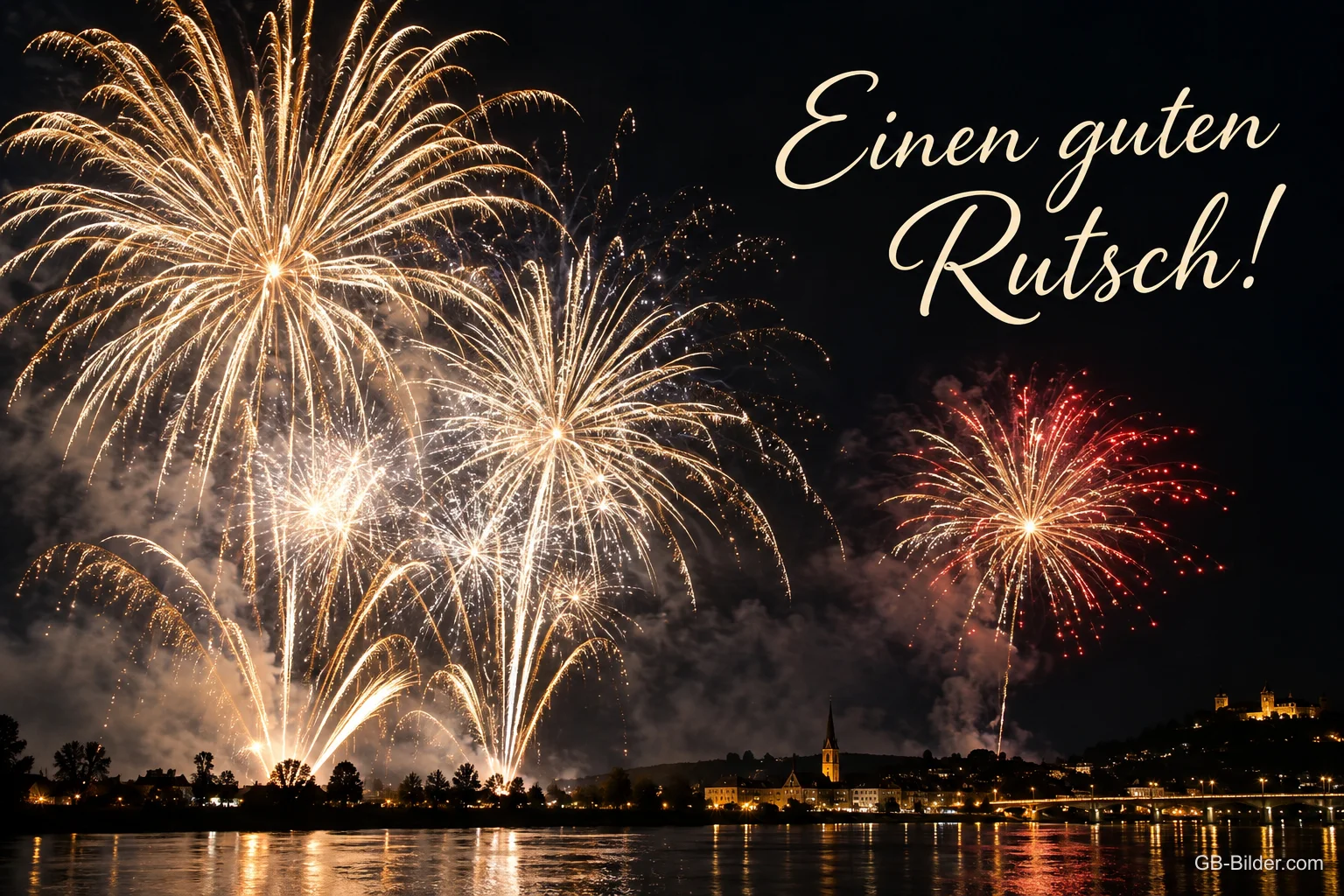Goldenes Feuerwerk über einer Stadt am Fluss, Text: Einen guten Rutsch! Goldenes Feuerwerk über einer Stadt am Fluss, Text: Einen guten Rutsch!