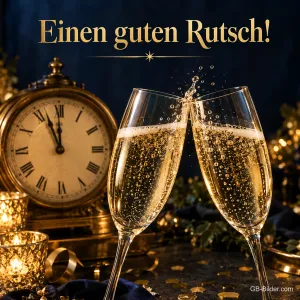 Zwei Sektgläser stoßen vor einer Uhr kurz vor Mitternacht an, Text: Einen guten Rutsch!