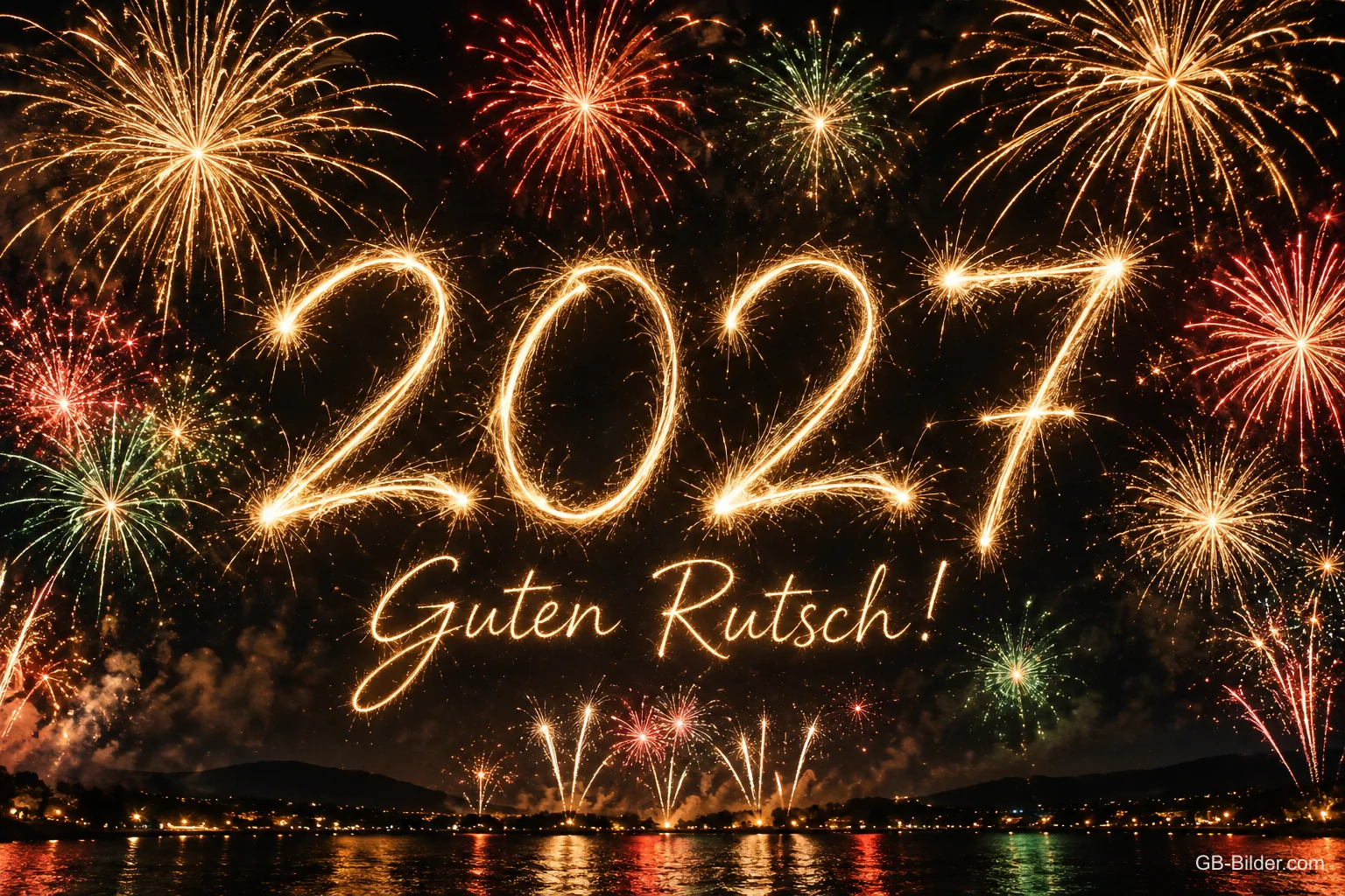 Jahreszahl aus Wunderkerzen vor Feuerwerk, Text: 2027 – Guten Rutsch! Jahreszahl aus Wunderkerzen vor Feuerwerk, Text: 2027 – Guten Rutsch!