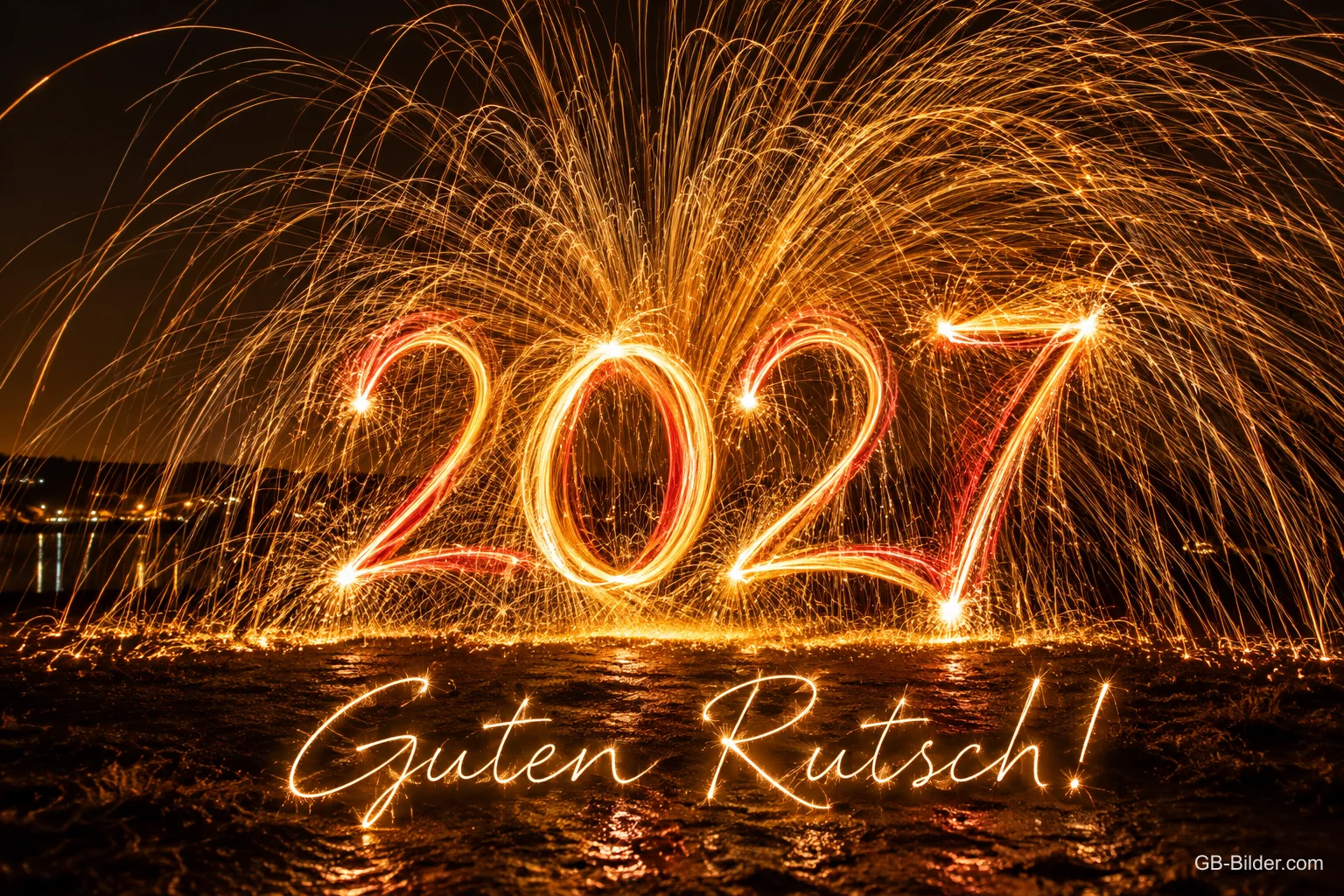 Jahreszahl aus Funken vor einem Funkenregen am Wasser, Text: 2027 – Guten Rutsch! Jahreszahl aus Funken vor einem Funkenregen am Wasser, Text: 2027 – Guten Rutsch!