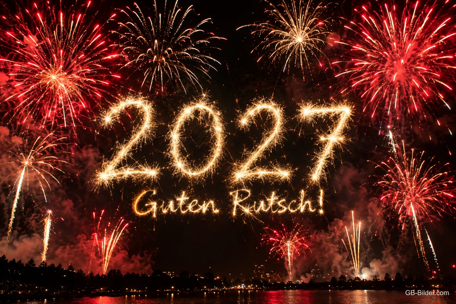 Rotes Feuerwerk mit Jahreszahl über dem Wasser, Text: 2027 – Guten Rutsch! Rotes Feuerwerk mit Jahreszahl über dem Wasser, Text: 2027 – Guten Rutsch!