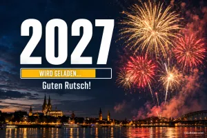 Jahreszahl mit Ladebalken vor Feuerwerk über einer Stadt am Fluss, Text: 2027 – Wird geladen … Guten Rutsch!
