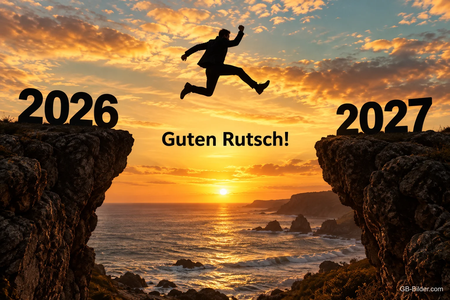 Mensch springt von einem Felsen zum nächsten im Sonnenuntergang, Text: 2026 – 2027 – Guten Rutsch! Mensch springt von einem Felsen zum nächsten im Sonnenuntergang, Text: 2026 – 2027 – Guten Rutsch!