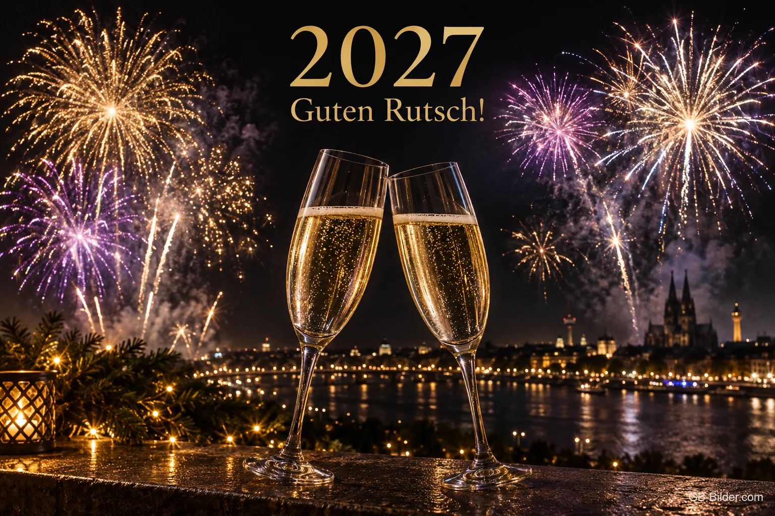 Zwei Sektgläser vor Feuerwerk über einer Stadt am Fluss, Text: 2027 – Guten Rutsch! Zwei Sektgläser vor Feuerwerk über einer Stadt am Fluss, Text: 2027 – Guten Rutsch!
