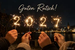 Hände halten Wunderkerzen in Form der Jahreszahl, Text: Guten Rutsch! – 2027