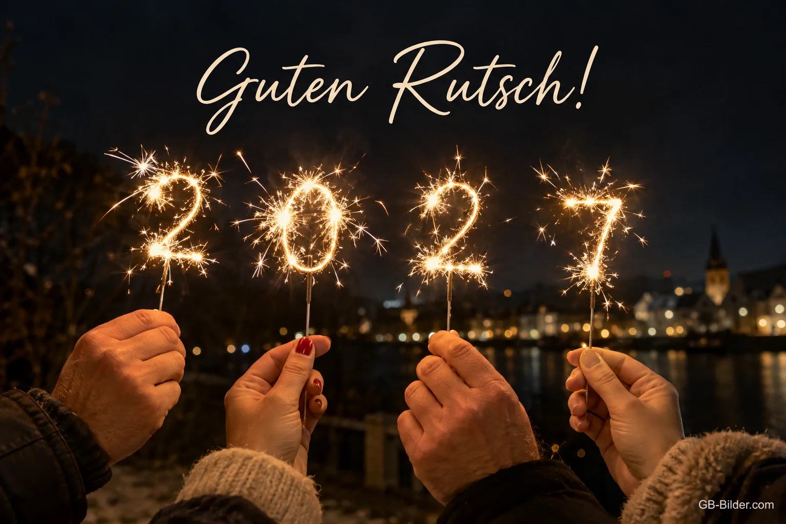 Hände halten Wunderkerzen in Form der Jahreszahl, Text: Guten Rutsch! – 2027 Hände halten Wunderkerzen in Form der Jahreszahl, Text: Guten Rutsch! – 2027