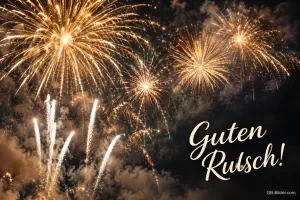 Goldenes Feuerwerk am Nachthimmel, Text: Guten Rutsch!