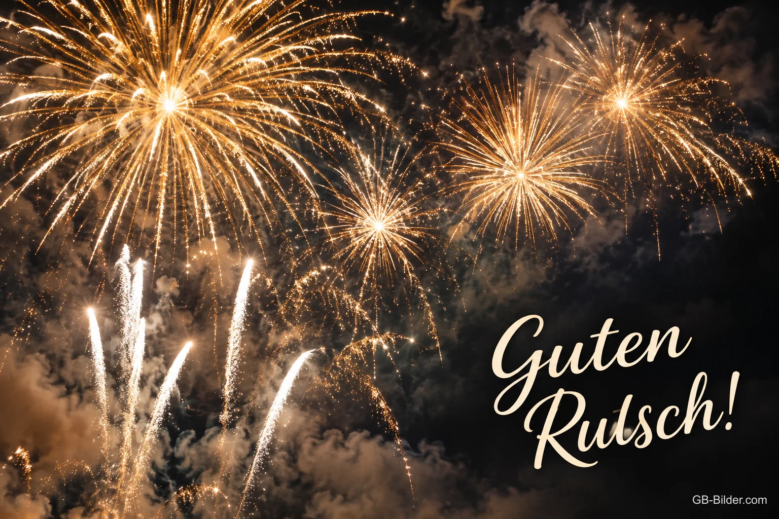 Goldenes Feuerwerk am Nachthimmel, Text: Guten Rutsch! Goldenes Feuerwerk am Nachthimmel, Text: Guten Rutsch!