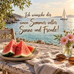 Melone und Sonnenbrille am Meer, Text: Ich wünsche dir einen Sommer voller Sonne und Freude!