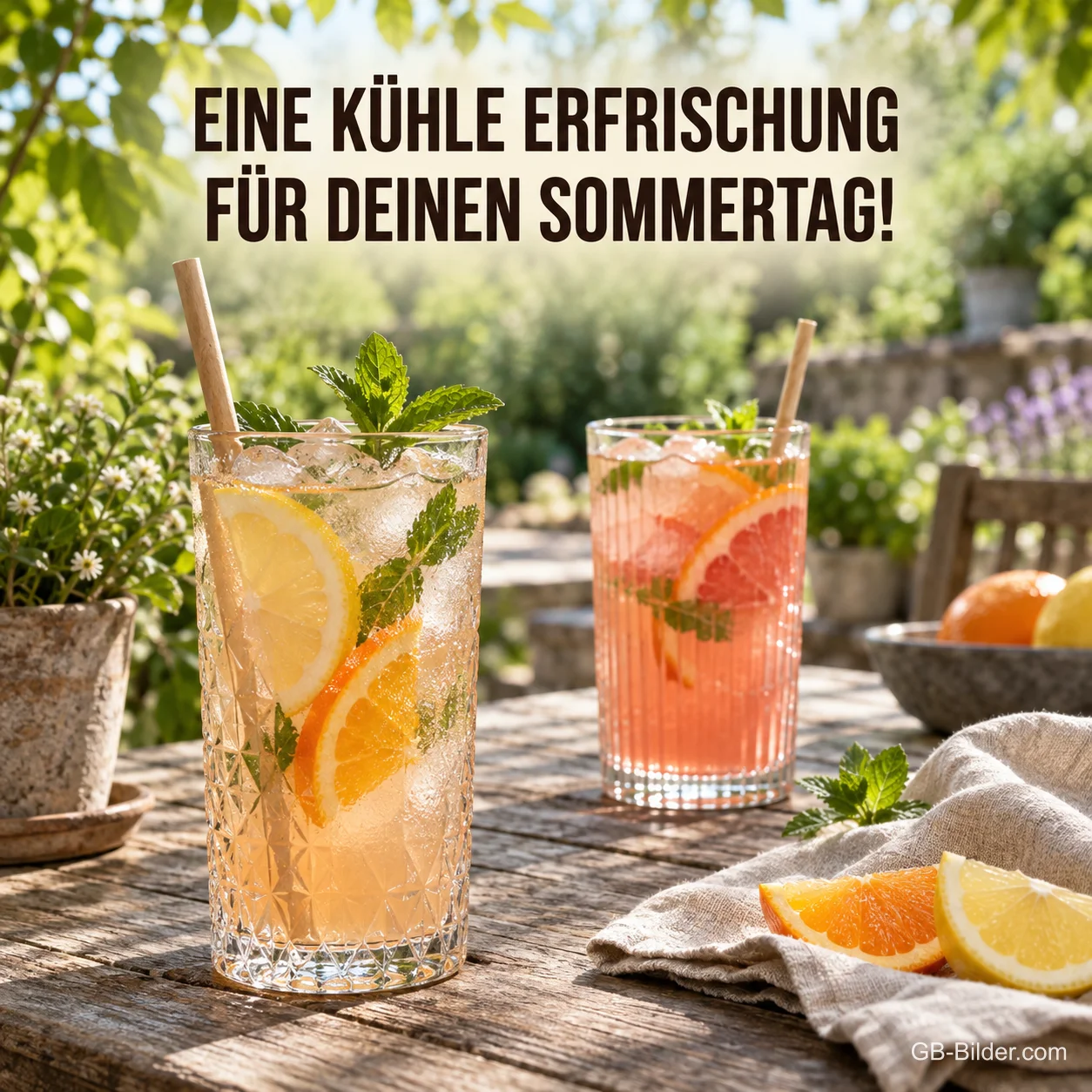 Limonade mit Orangen im Garten, Text: Eine kühle Erfrischung für deinen Sommertag! Limonade mit Orangen im Garten, Text: Eine kühle Erfrischung für deinen Sommertag!